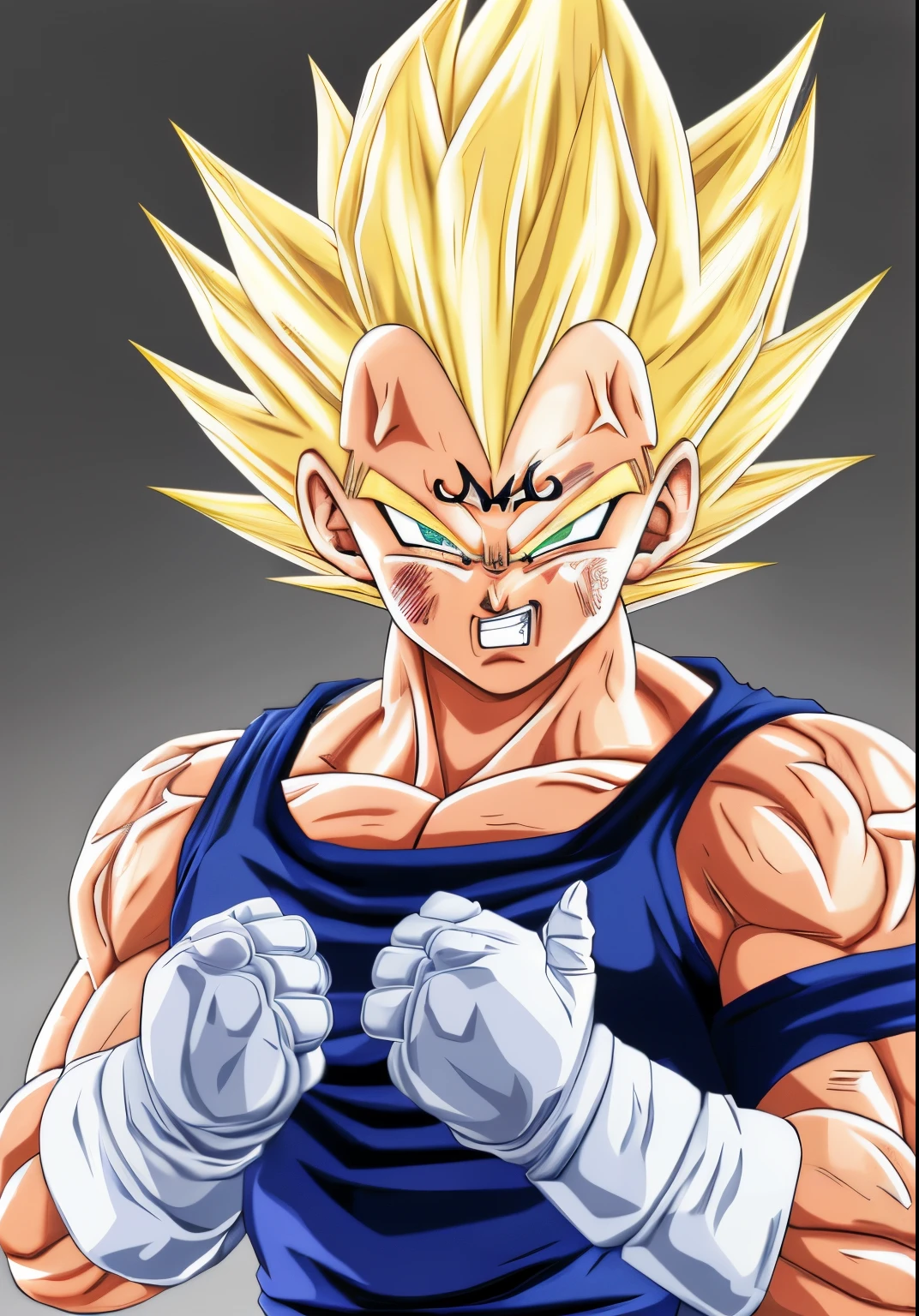 A Majin2 portrait, digital art, blonde ,blonde eyebrows,digital art, clenched fists, looking,full head,anatomically correct, (((8k resolution))) , M in front, copy of Majin Vegeta by Dragon Ball Z, 1 character  master piece,  super definition.