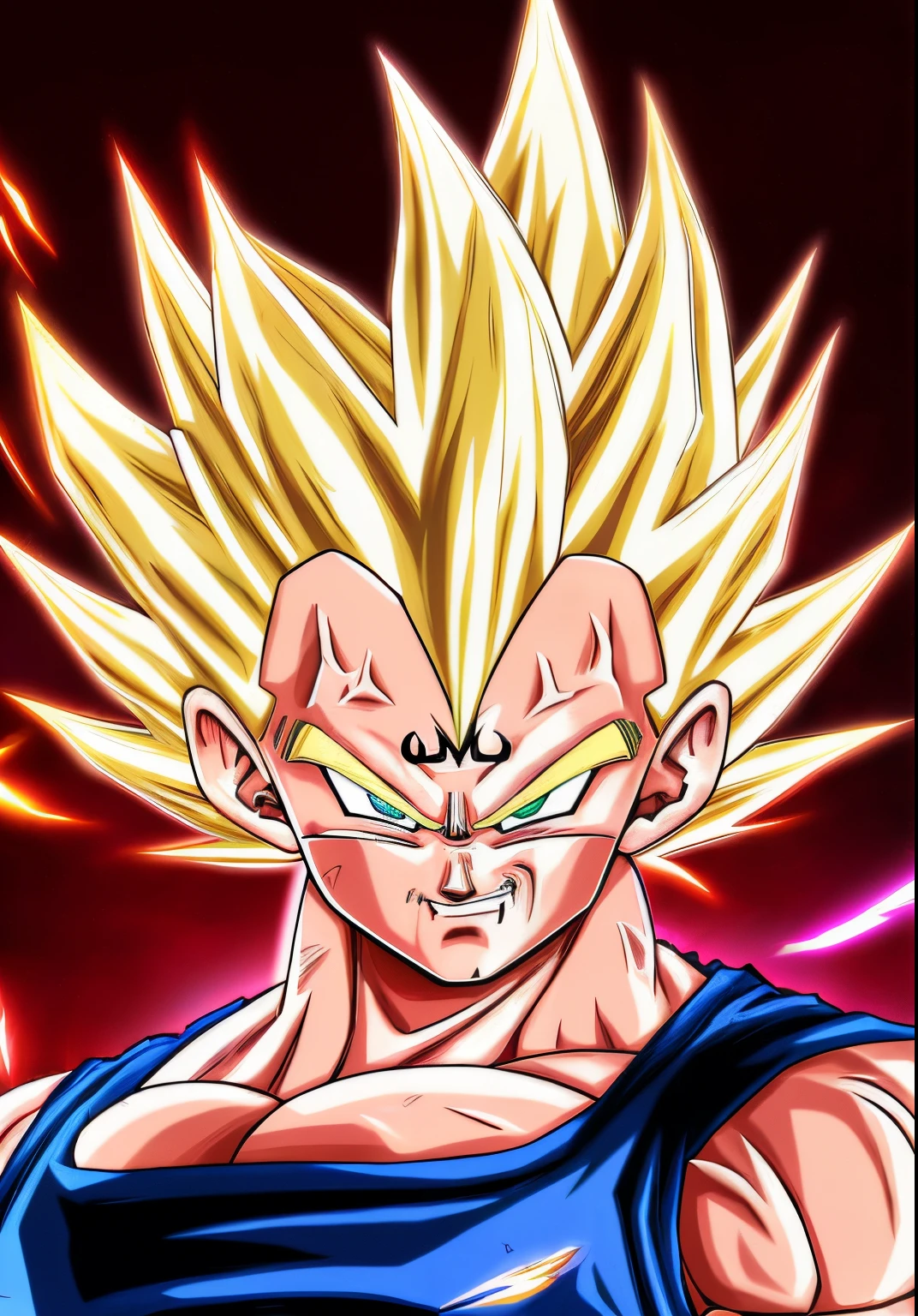 A Majin2 portrait, digital art, blonde ,blonde eyebrows,digital art, clenched fists, looking,full head,anatomically correct, (((8k resolution))) , M in front, copy of Majin Vegeta by Dragon Ball Z, 1 character  master piece,  super definition.