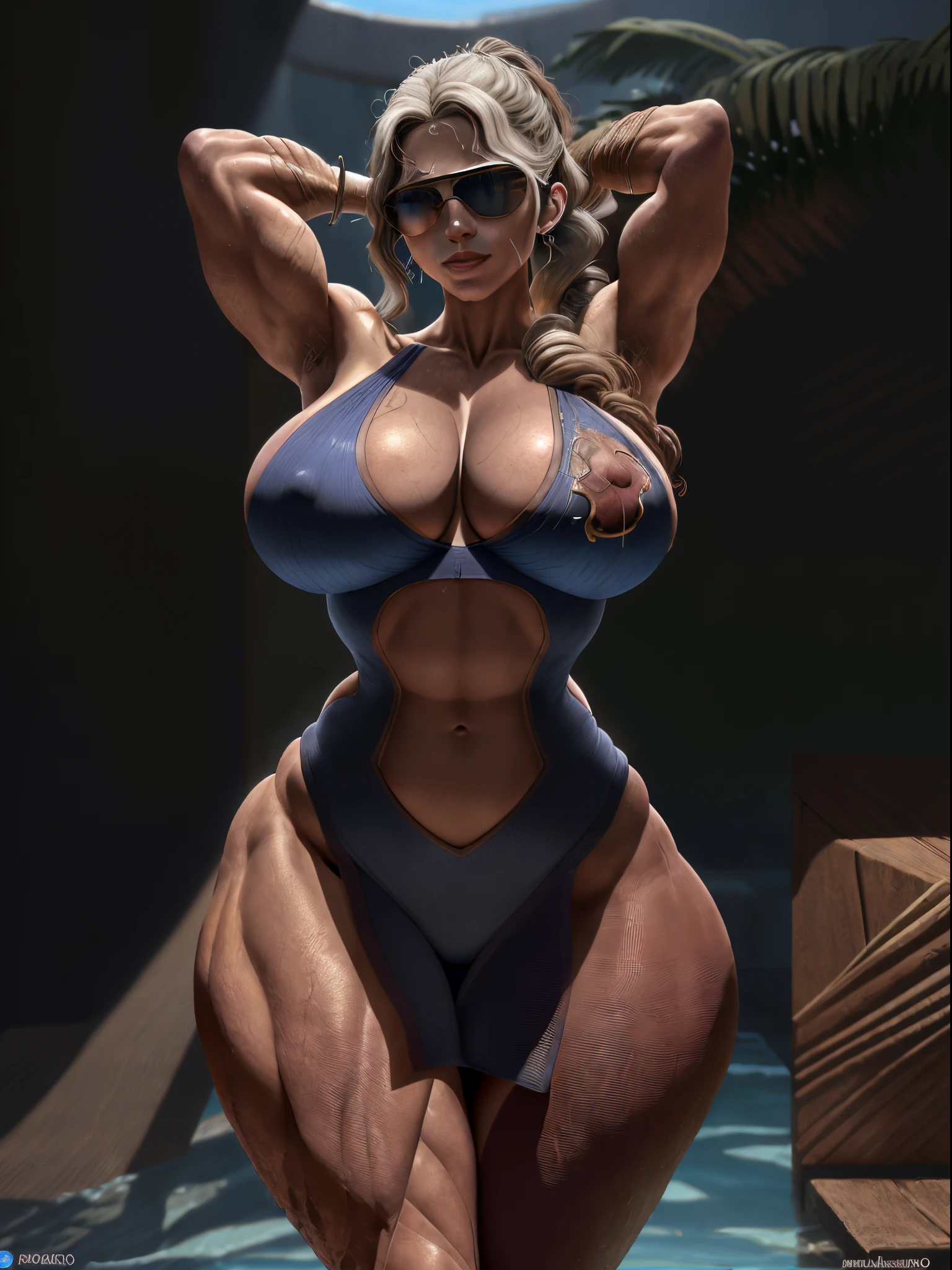 (Melhor qualidade, 4k, Masterpiece :1.3), mulher bonita, hiper realista, 1girl, (massive breasts, corpo atraente :1.2), abdominais :1.1, cabelo loiro escuro: 1.1, (molhado chuvoso, molhado pela chuva, corpo molhado :1.2), rosto ultra-detalhado, Detailed Lips, olhos detalhados, detalhado, cabelo nas axilas, axila detalhada, Double eyelidm, Sensual low neck dress, decote aberto, seios pendurados, pose lateral, visible curves, festa na piscina, deitado ao lado da piscina, robe dourado, sun glasses, brassier, tanga, arms up, up hands, axila peluda, cabelo super curto, pelos pubianos, ultra thin bra, tanga ultra fina, pernas abertas, big arms, large biceps, cabelo realista axila, oleado, irritado, fisiculturista, rosto bonito, rosto sorriso sombrio, vermelho, olhos vermelhos, corpo perfeito, healthy body, abdomen, muscular, estrutura corporal detalhada, all parts are clearly visible, Ver big muscle, crescimento, seios grandes, sexy, superpower, 3D, realidade virtual, Muscle, forte, camiseta, mulher, Super woman, poder, alta energia, super muscle serum,