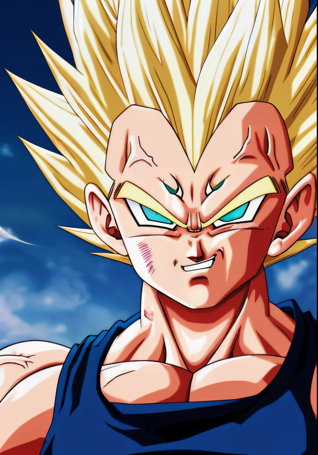 A Majin2 portrait, digital art, blonde ,blonde eyebrows,digital art, clenched fists, looking,full head,anatomically correct, (((8k resolution))) , M in front, copy of Majin Vegeta by Dragon Ball Z, 1 character  master piece,  super definition.