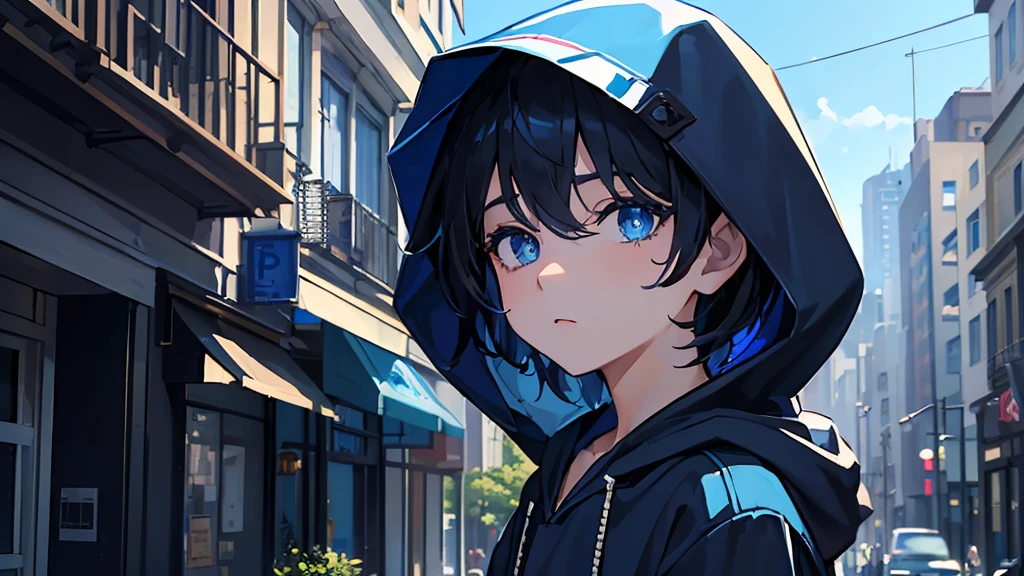 (masterpiece:1.2)、(top-quality)、(One Boy:1.3)、A dark-haired、(Blue Jacket Hood)、(blue eyess:1.6)、Works with a vivid texture、(hair messy:1.2)、short-hair、anime scener、云、during daytime、blue open sky、(Remove the hood:1.3)、(;on the city street:1.3)、Facing to the side