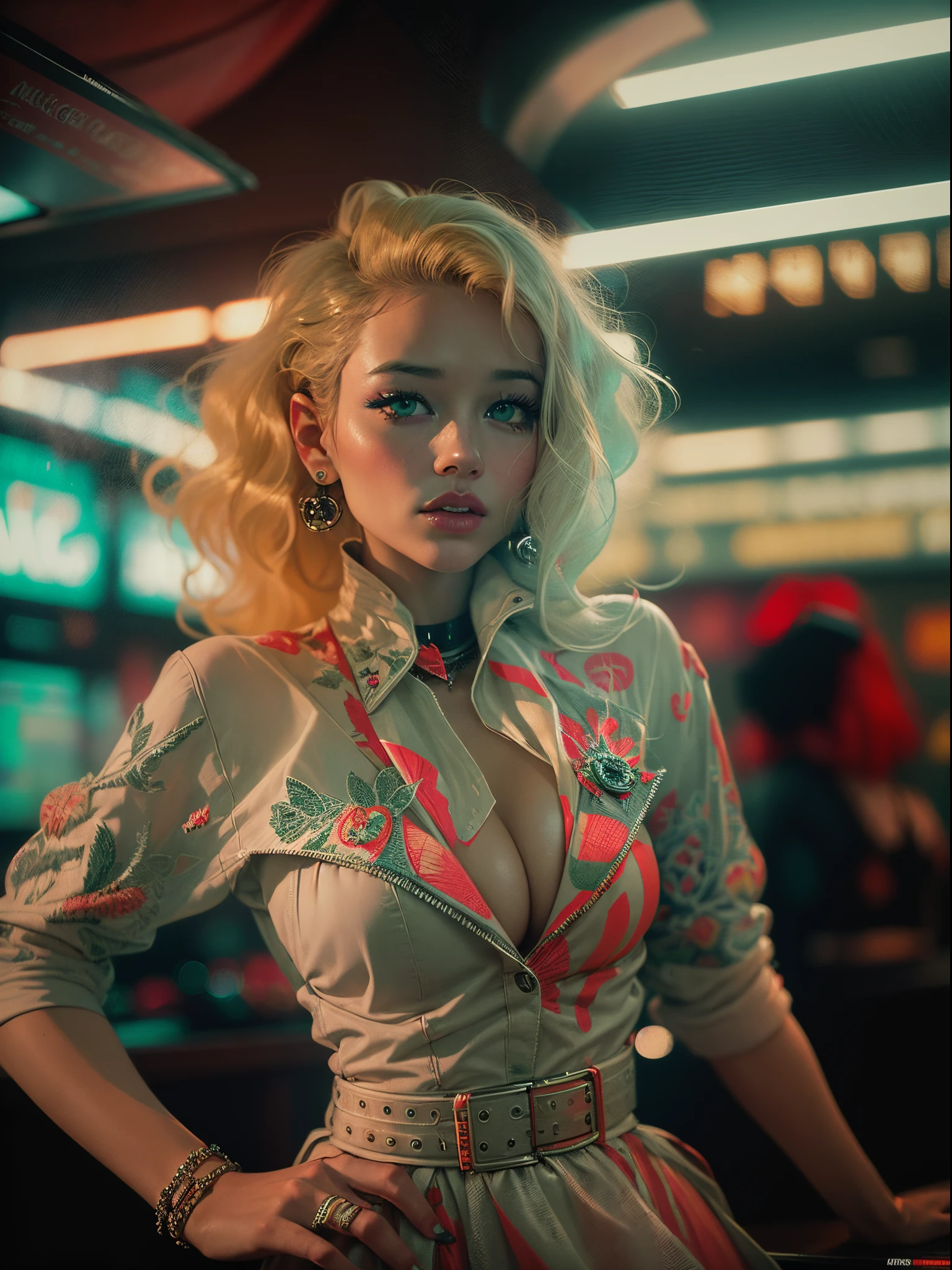 analogue photo of young blonde woman with cyberpunk hair, (((big boobs))) in a 1950 korean bar, ((green and red neon lights)), (((((high fashion clothes in the style of Alexander McQueen))))), supermodel, sexy model poses, masterpiece, eye level, Kodak Funsaver, Porta 160, 20mm, bokeh, in the style of Nan Goldin, textured, distressed, ((vintage)), edgy, noisy, high contrast, ((bad framing))