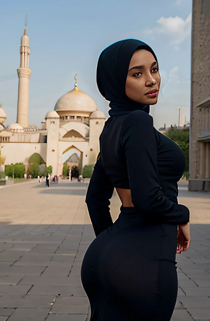a beautiful woman, wearing a hijab, a tight dress, big tits and ass, photo realistic, mosque backround