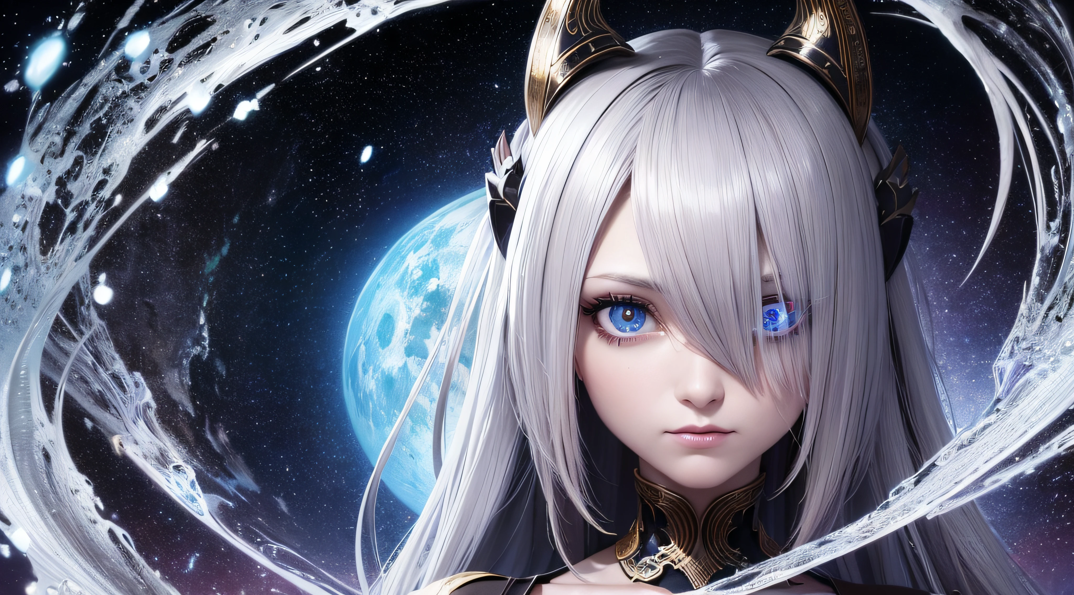 (melhor qualidade,Ultra - Detalhado,best illustration,Melhor sombra,tmasterpiece,A high resolution,ProfissionalArtwork,obras de arte famosas),Olhos detalhados,Olhos belos,scientific fiction,esclera colorida,robot eyes,marcas faciais,Tatuado com,(fractalizado,olhos fractais), Cosmic eyes,Olhos espaciais,corpo da escultura de metal de uma mulher com uma lua em seu cabelo,deusas。Detalhe extremamente alto,Retrato da deusa 3D,Imagens extremamente detalhadas da deusa,Um retrato impressionante de uma deusa,Imagem lateral da deusa,Retrato de uma bela deusa,Retrato de corpo inteiro da deusa,hecate goddess,portrait of a norse moon goddess,goddess of space and time