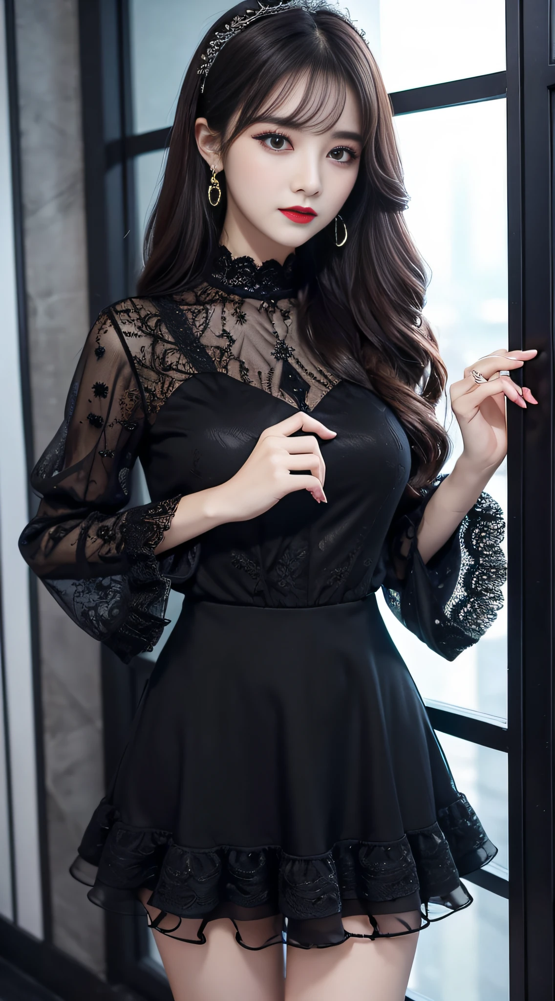 Ultra-detailed、Fascinating beauty、Dainty woman、Cool Girl、Wavy Hair、Black chiffon dress、Wide sleeves、flered skirt、Evil Female Executive、Evil Fall、brainwash、lacy fabric、Glossy legs、black lipstick、Evil look、Suspicious look、Hollow eyes、wicked、Reaching out、Put your right hand forward、Dark place