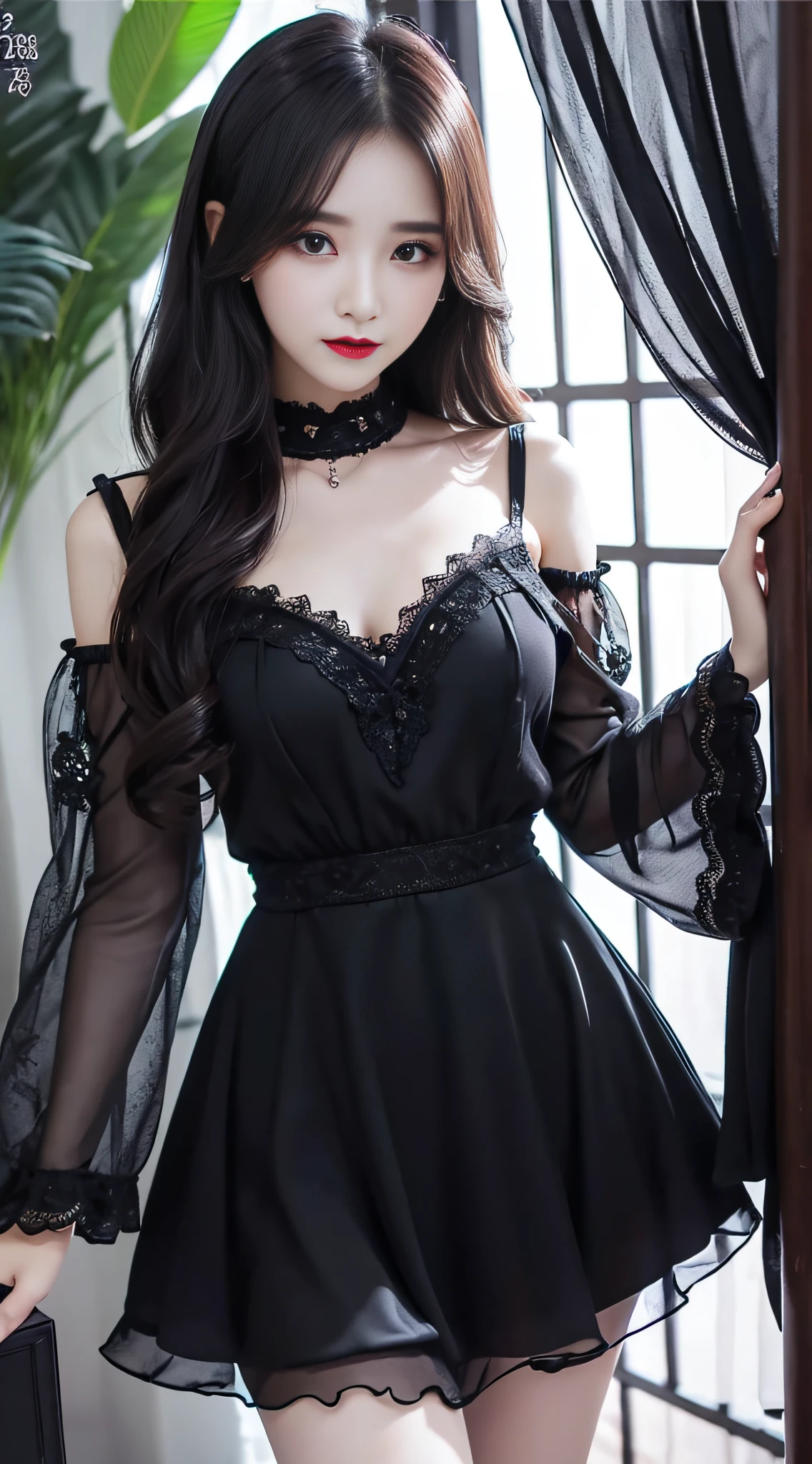 Ultra-detailed、Fascinating beauty、Dainty woman、Cool Girl、Wavy Hair、Black chiffon dress、Wide sleeves、flered skirt、Evil Female Executive、Evil Fall、brainwash、lacy fabric、Glossy legs、black lipstick、Evil look、Suspicious look、Hollow eyes、wicked、Reaching out、Put your right hand forward、Dark place