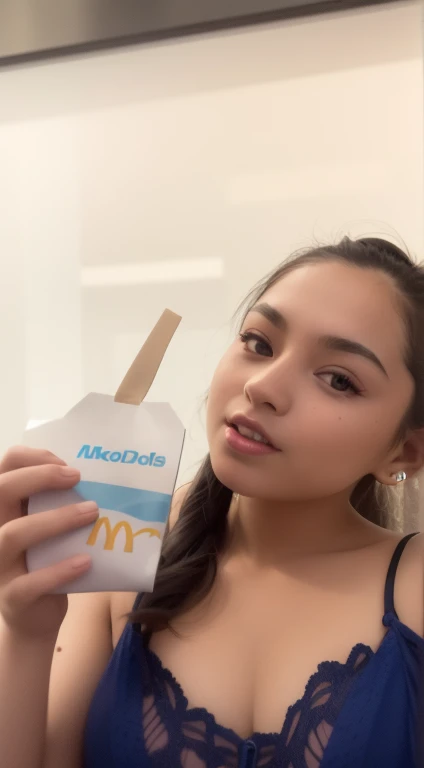 araffy girl in blue dress holding a box of mcdonalds, 2 2 years old, 21 years old, 18 years old, 2 3 years old, blue mcdonalds, profile image, 2 4 years old, 1 6 years old, alanis guillen, 1 8 yo, mukbang, 2 7 years old, 2 8 years old