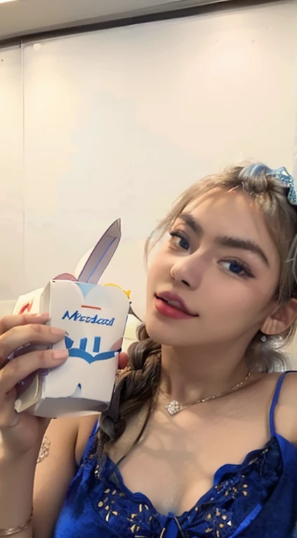 araffy girl in blue dress holding a box of mcdonalds, 2 2 years old, 21 years old, 18 years old, 2 3 years old, blue mcdonalds, profile image, 2 4 years old, 1 6 years old, alanis guillen, mukbang, 1 8 yo, 2 7 years old, 2 8 years old