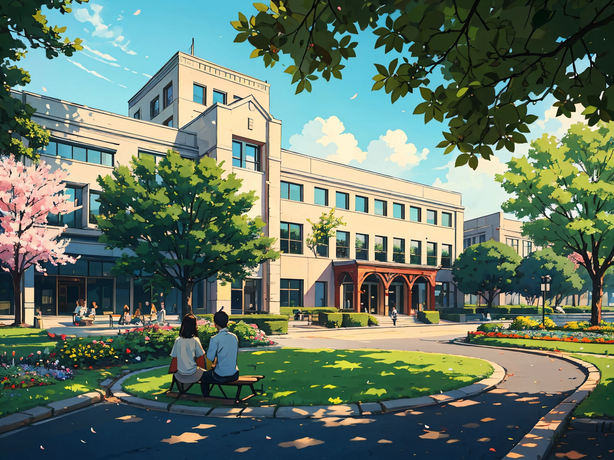 The beautiful scenery of a university campus , with trees providing ample shade in the spring and flowers blooming in profusion. Teachers and students sit together on the campus lawn, while the library, laboratories, and restaurants stand along the sides of the roads, super-realistic style --auto --s2