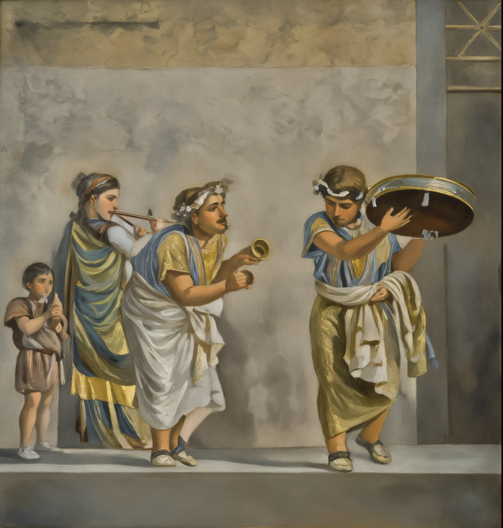 painting of a man and woman playing a musical instrument in front of a wall, neoclassic painting, neoclassic oil painting, neoclassical painting, neoclassicist painting, dressed in roman clothes, musicians, neo-classical painting, colchians painting, hystorical painting, neoclassical paintings, ancient roman painting, rennaissance style painting, ancient greek painting