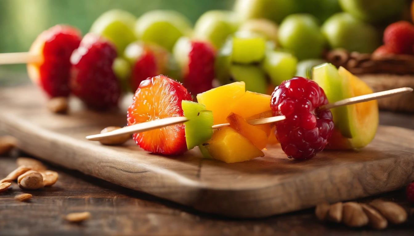 Capture a creative shot of a colorful fruit skewer, showcasing a variety of fresh and vibrant fruits threaded onto a skewer for a visually appealing and healthy snack option