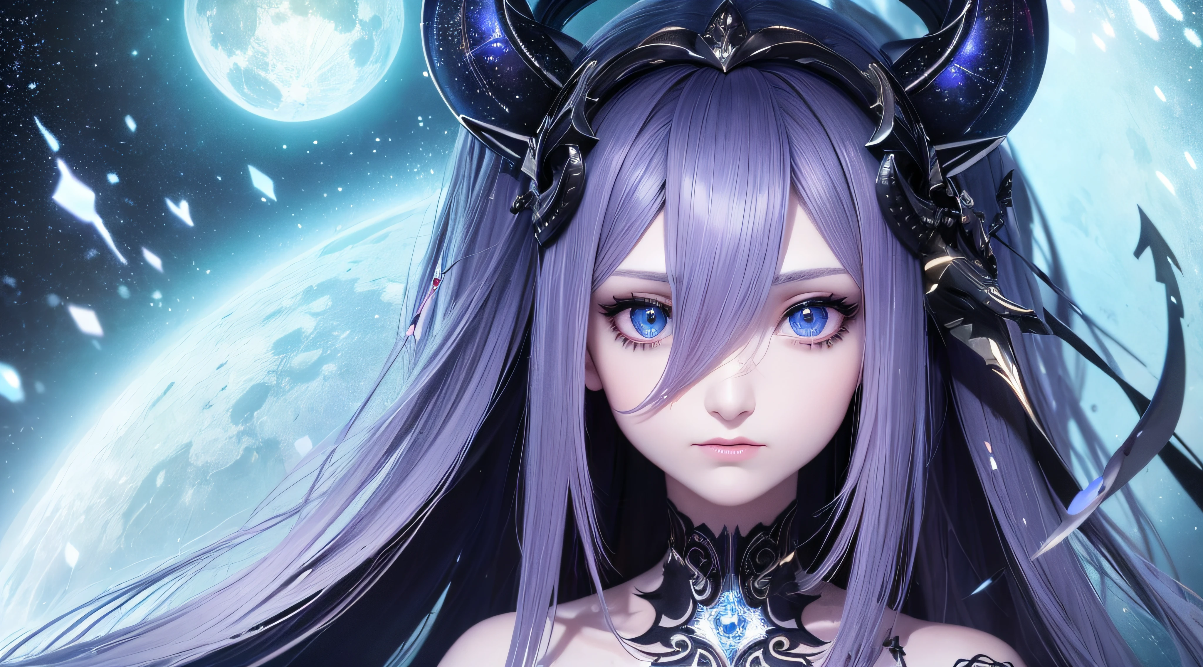 (melhor qualidade,Ultra - Detalhado,best illustration,Melhor sombra,tmasterpiece,A high resolution,ProfissionalArtwork,obras de arte famosas),Olhos detalhados,Olhos belos,scientific fiction,esclera colorida,robot eyes,marcas faciais,Tatuado com,(fractalizado,olhos fractais), Cosmic eyes,Olhos espaciais,corpo da escultura de metal de uma mulher com uma lua em seu cabelo,deusas。Detalhe extremamente alto,Retrato da deusa 3D,Imagens extremamente detalhadas da deusa,Um retrato impressionante de uma deusa,Imagem lateral da deusa,Retrato de uma bela deusa,Retrato de corpo inteiro da deusa,hecate goddess,portrait of a norse moon goddess,goddess of space and time