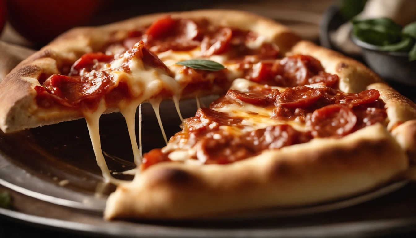 Capture a detail shot of a deliciously gooey and cheesy slice of pizza, showcasing the melted cheese, tomato sauce, and toppings that make it a classic and satisfying snack