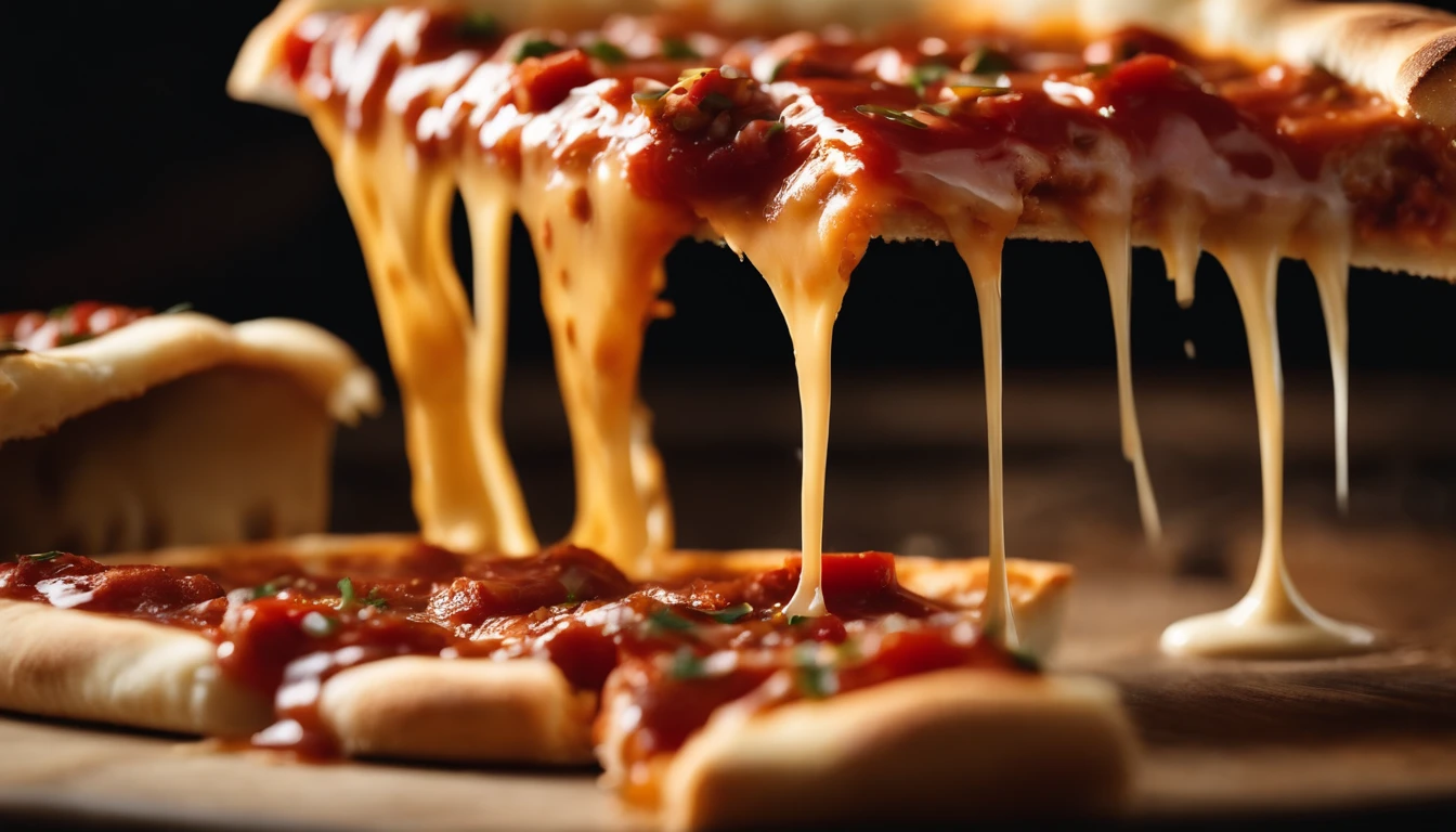 Capture a detail shot of a deliciously gooey and cheesy slice of pizza, showcasing the melted cheese, tomato sauce, and toppings that make it a classic and satisfying snack