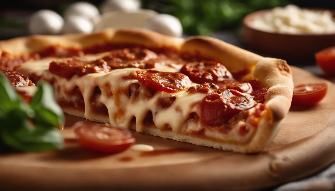 Capture a detail shot of a deliciously gooey and cheesy slice of pizza, showcasing the melted cheese, tomato sauce, and toppings that make it a classic and satisfying snack