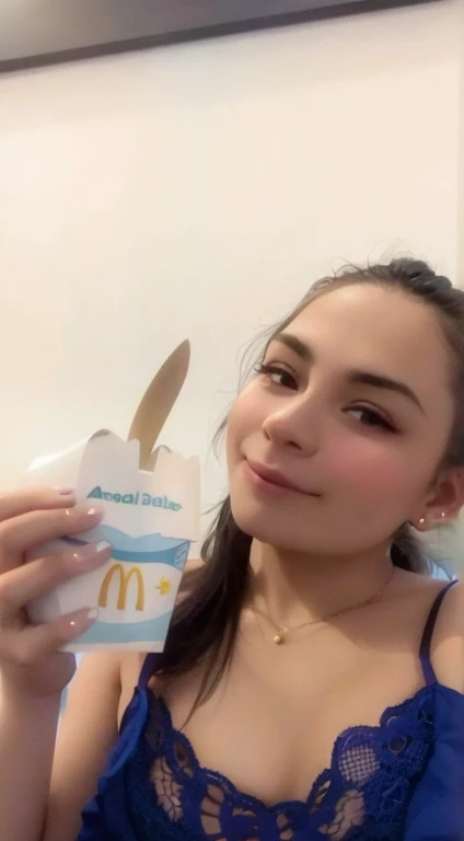 araffy girl in blue dress holding a box of mcdonalds, 2 2 years old, 21 years old, 18 years old, 2 3 years old, blue mcdonalds, profile image, 2 4 years old, 1 6 years old, mukbang, 1 8 yo, alanis guillen, 2 7 years old, 2 8 years old