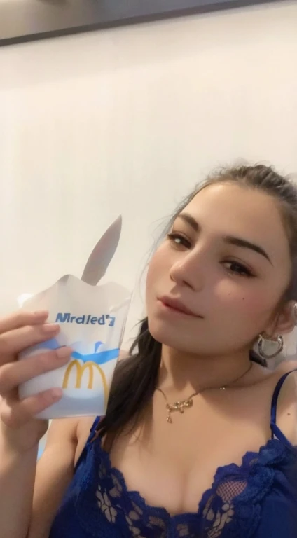 araffy girl in blue dress holding a box of mcdonalds, 2 2 years old, 21 years old, 18 years old, 2 3 years old, blue mcdonalds, profile image, 2 4 years old, 1 6 years old, mukbang, 1 8 yo, alanis guillen, 2 7 years old, 2 8 years old