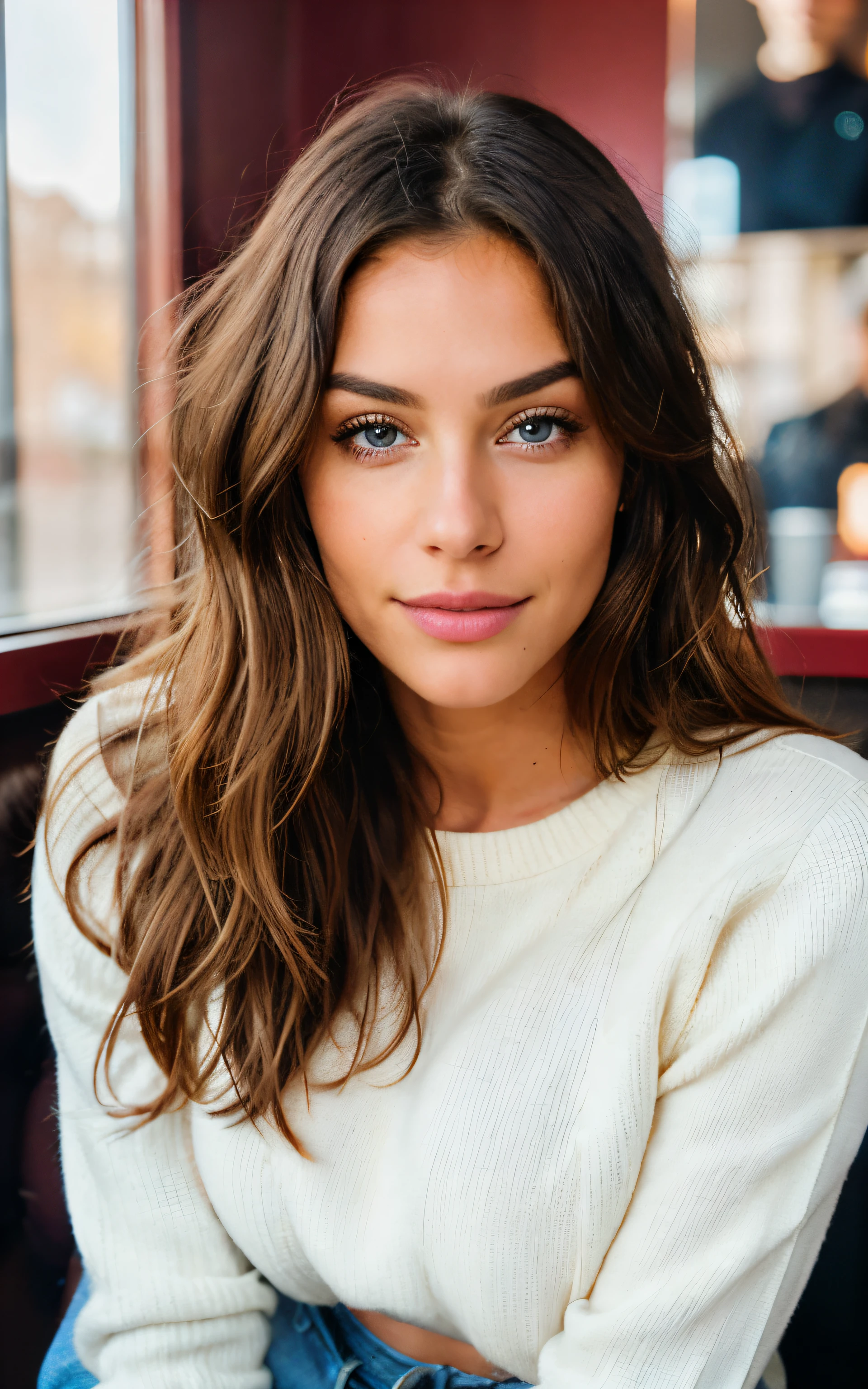Full body Beautiful brunette with blonde highlights wearing a red sweater, jeans, heels (in a cafe drinking soda), highly detailed, 22 years old, , boobs, innocent face, natural wavy hair, blue eyes, high resolution, Masterpiece, Best quality, Intricate high detail, Highly detailed, Sharp focus, Detailed skin, realistic skin texture, texture, detailed eyes, professional, 4k, charming smile, shot on Canon, 85mm, shallow depth of field, Kodak Vision Color, Perfect Fit Body , extremely detailed, photography_\(ultra\), Photorealistic, Realistic, Post-processing, maximum details, roughness, real life, ultra realistic, Photorealism, photography, 8k UHD, photography, busty