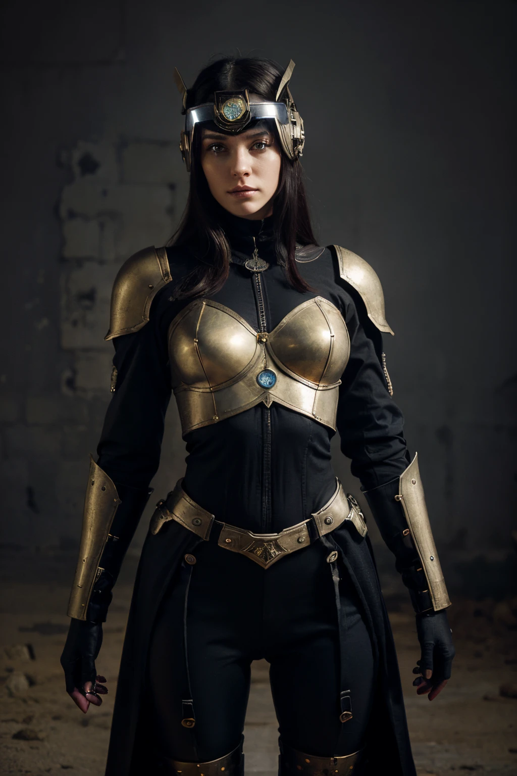 An epic and visually stunning digital artwork featuring a female Astro Marine in her early 30s with Bitcoin currency crest, a sci-fi astro knight helmet that covers her entire head, flat armored male chest. The character is adorned in a sci-fi tactical armored overcoat, the armor on the upper arms and shoulders beautifully engraved. The image showcases the beauty and elegance of the character, capturing his whimsical essence and heavy tactical gothic aesthetic. The character has bright, piercing eyes, beautifully rendered in brass, that stand out in the helmet's visor. The character also possesses androgynous features, with a slender but heavily muscular physique resembling a sylph with a beautiful feminine waist and toned cybernetic arms. , but beautifully elegant, gothic tribal markings running up her abdomen and down her arms, adding to her unique appearance, extremely beautiful eyes, extremely detailed eyes