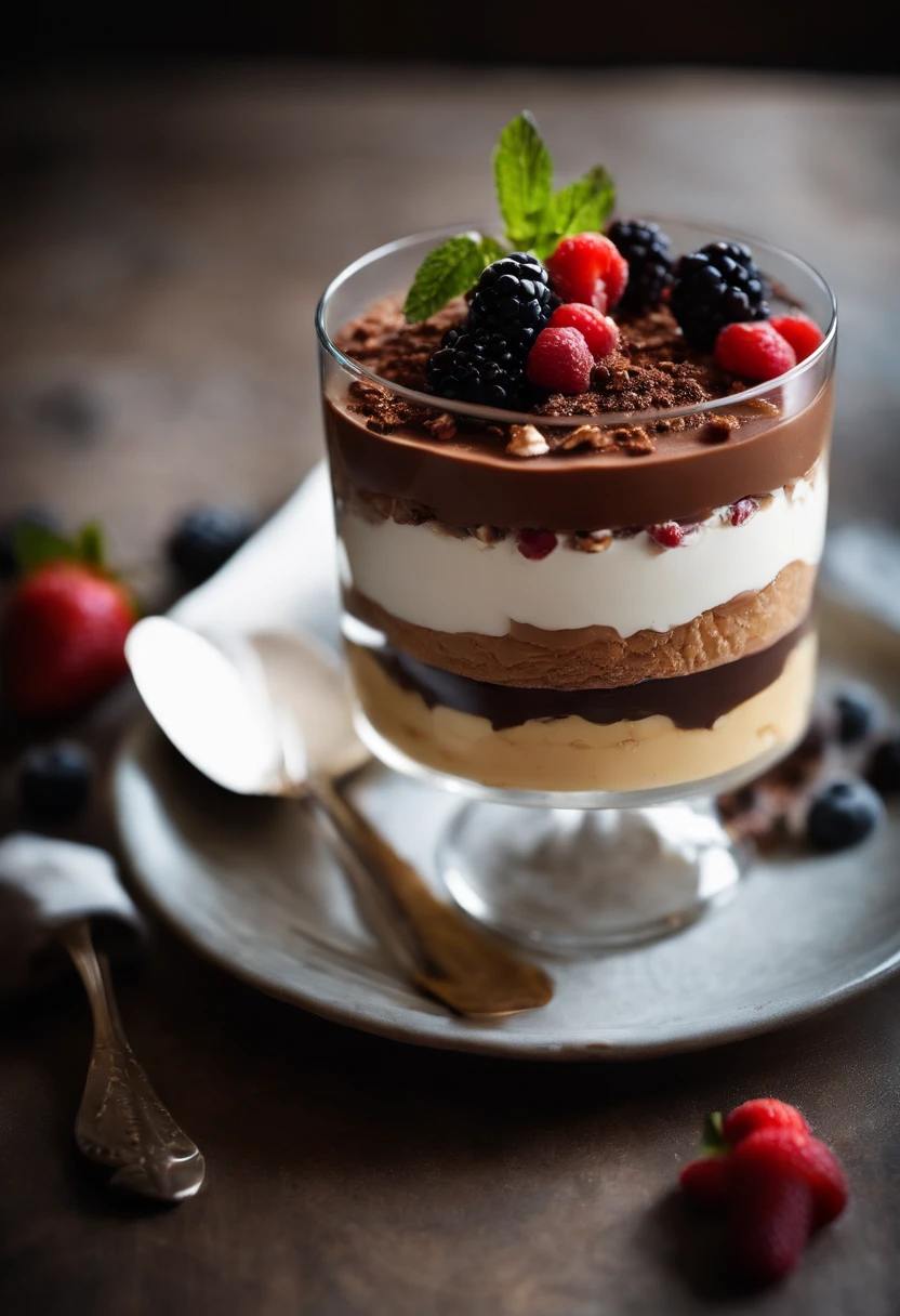 Capture an image of a beautifully plated dessert, such as a decadent chocolate mousse or a perfectly layered trifle, showcasing the intricate layers and garnishes that make it an indulgent snack