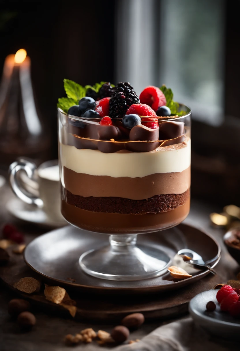 Capture an image of a beautifully plated dessert, such as a decadent chocolate mousse or a perfectly layered trifle, showcasing the intricate layers and garnishes that make it an indulgent snack