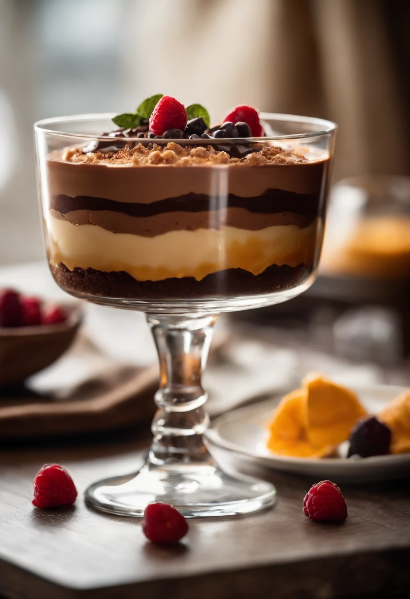 Capture an image of a beautifully plated dessert, such as a decadent chocolate mousse or a perfectly layered trifle, showcasing the intricate layers and garnishes that make it an indulgent snack