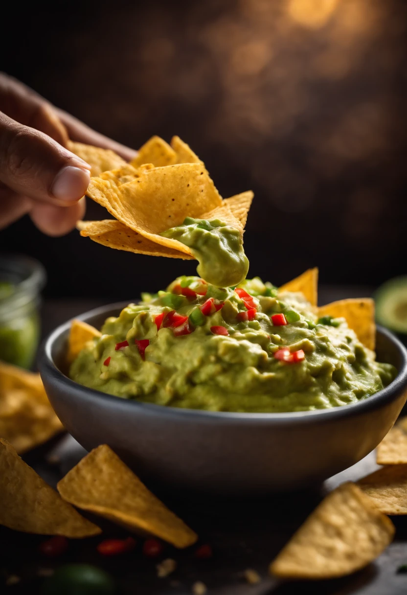 Capture a dynamic action shot of a nacho chip being dunked into a bowl of creamy and flavorful guacamole, capturing the moment of the dip and showcasing the vibrant colors and textures