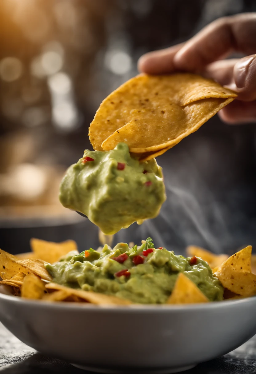 Capture a dynamic action shot of a nacho chip being dunked into a bowl of creamy and flavorful guacamole, capturing the moment of the dip and showcasing the vibrant colors and textures