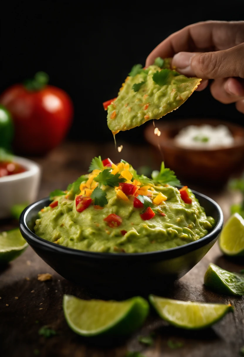 Capture a dynamic action shot of a nacho chip being dunked into a bowl of creamy and flavorful guacamole, capturing the moment of the dip and showcasing the vibrant colors and textures