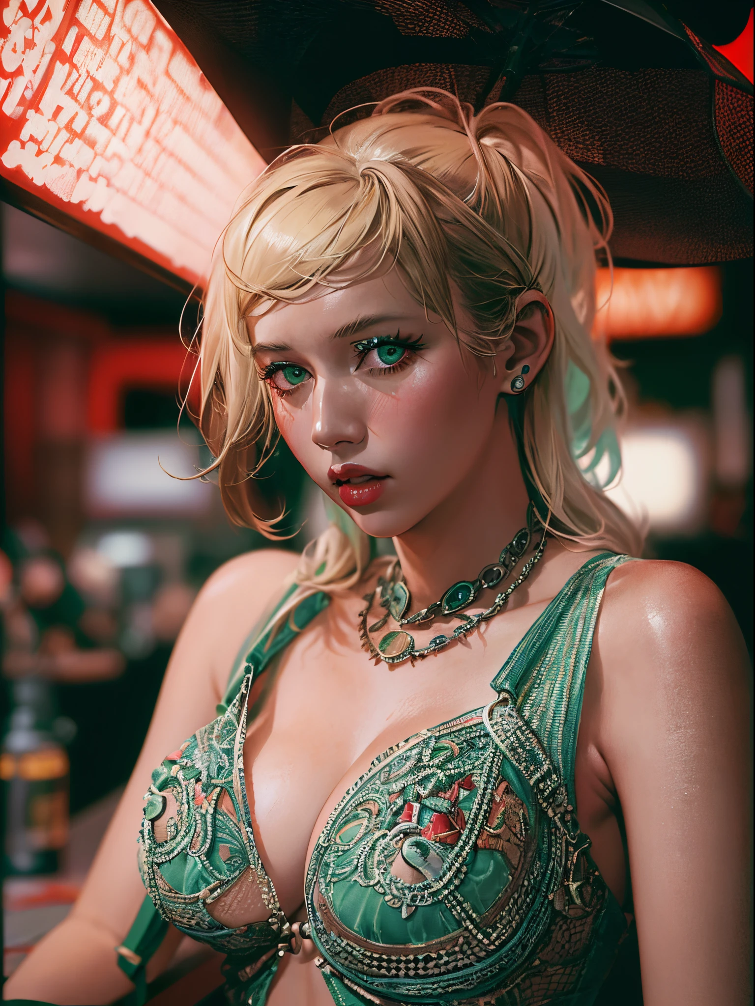 analogue photo of young blonde woman with cyberpunk hair, (((big boobs))) in a 1950 korean bar, ((green and red neon lights)), (((((high fashion clothes in the style of Alexander McQueen))))), supermodel, sexy model poses, masterpiece, eye level, Kodak Funsaver, Porta 160, 20mm, bokeh, in the style of Nan Goldin, textured, distressed, ((vintage)), edgy, noisy, high contrast, ((bad framing))
