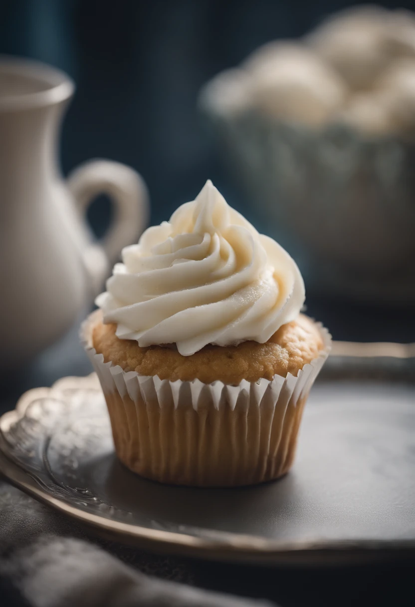 Capture a detail shot of a perfectly frosted cupcake, showcasing the intricate piping work and decorative elements that make it a visually appealing and sweet snack.