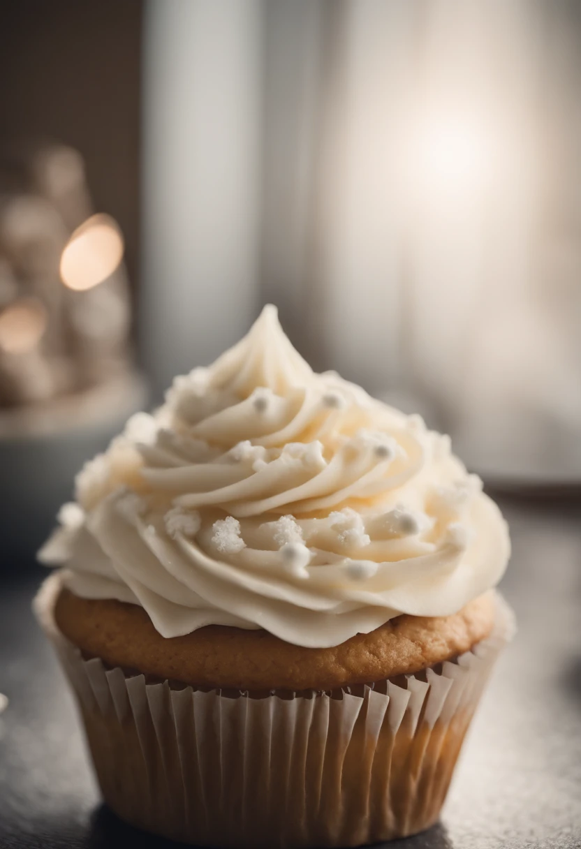 Capture a detail shot of a perfectly frosted cupcake, showcasing the intricate piping work and decorative elements that make it a visually appealing and sweet snack.