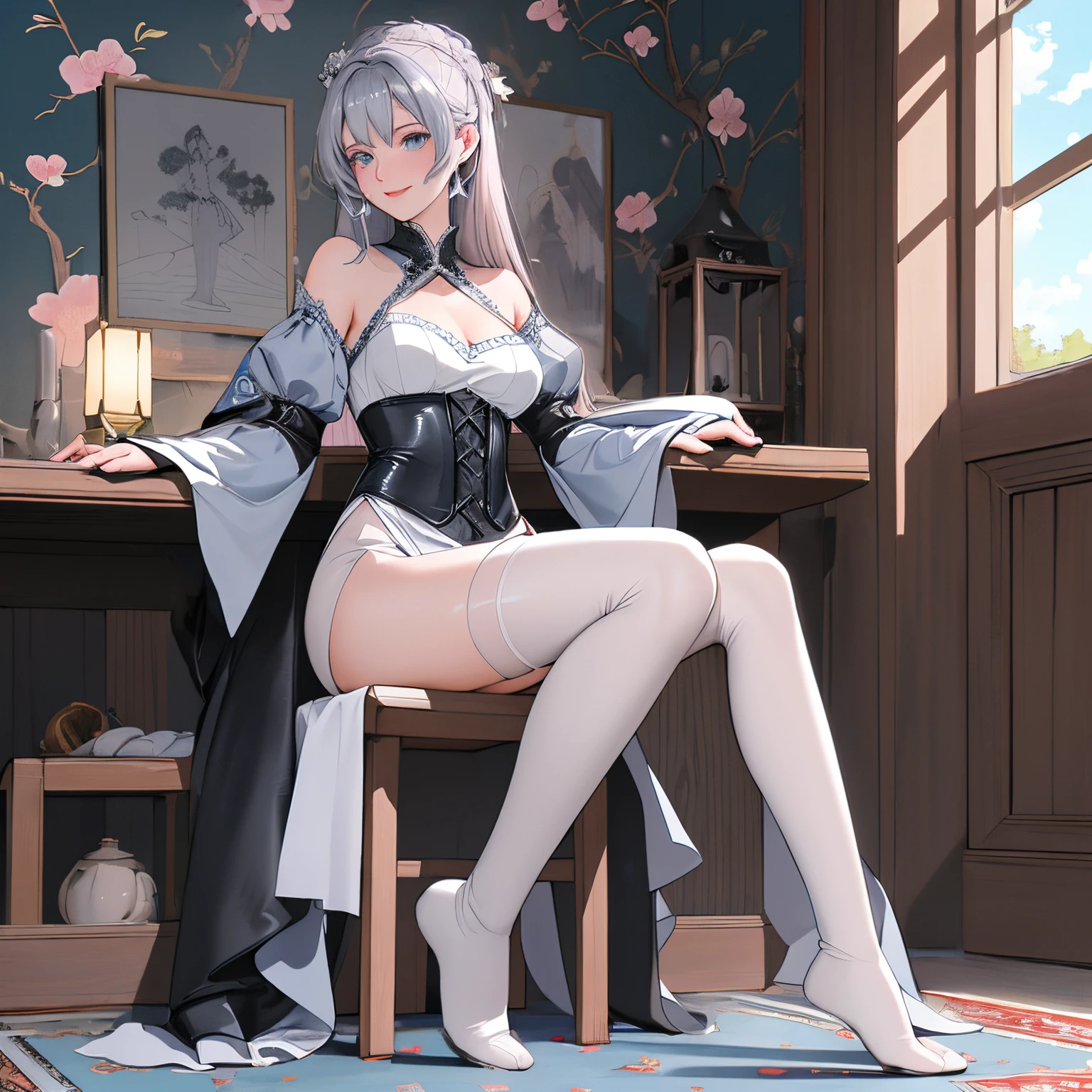 Masterpiece, best quality, 1girl, gray eyes, silver hair, long hair, pointy ears, boredom, sitting, feet up, soles, kamisato linghua