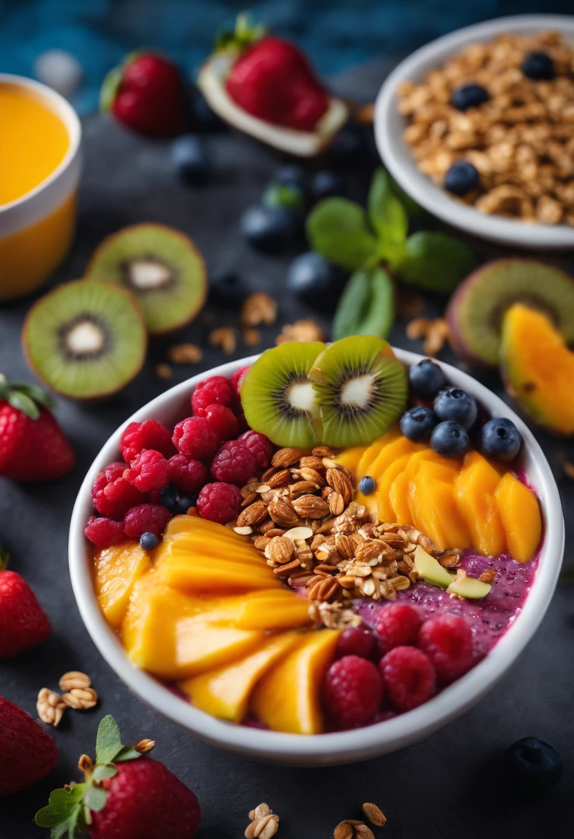 Capture a creative shot of a colorful smoothie bowl, showcasing a variety of vibrant fruits, granola, and toppings in an enticing and refreshing snack option