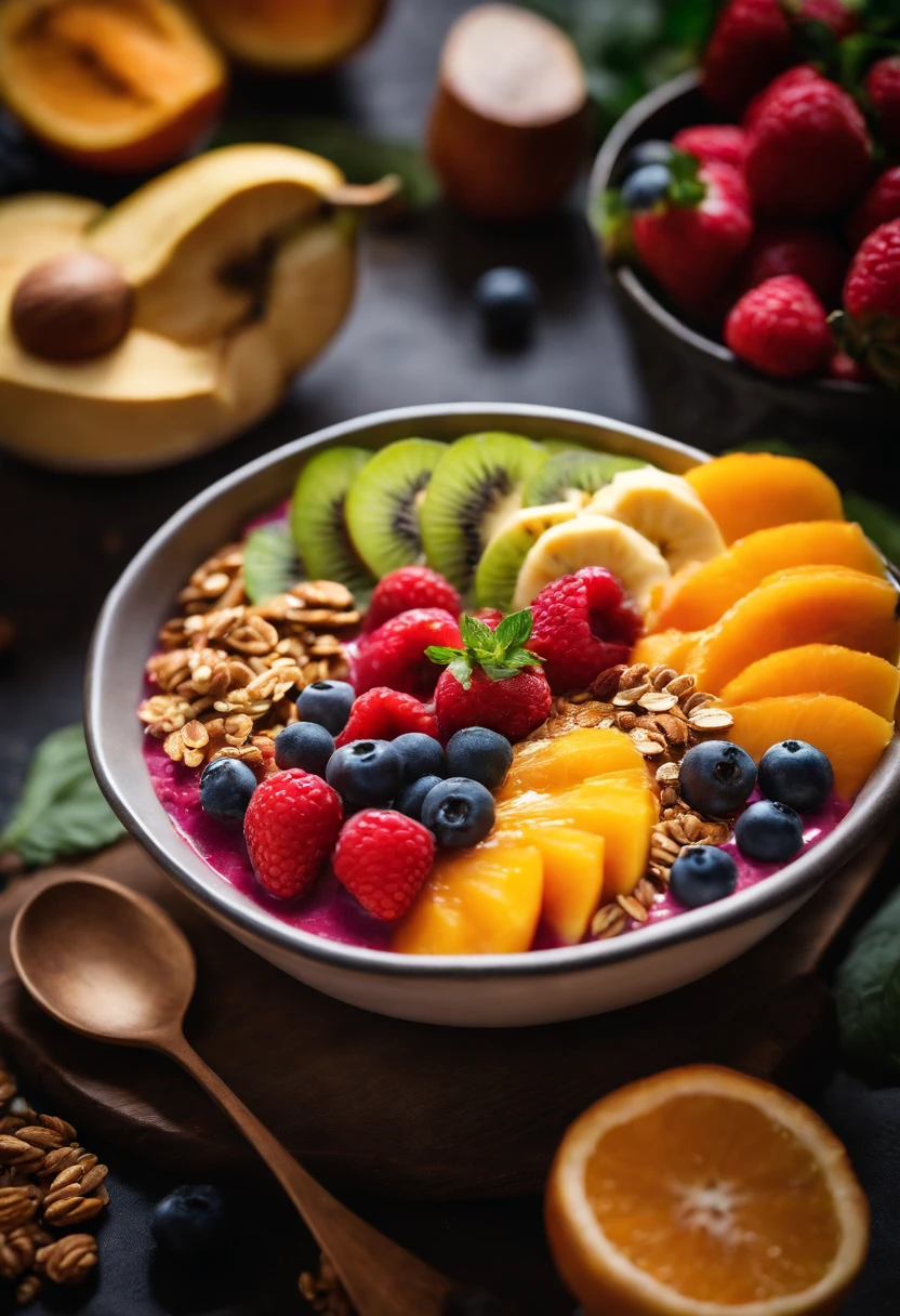 Capture a creative shot of a colorful smoothie bowl, showcasing a variety of vibrant fruits, granola, and toppings in an enticing and refreshing snack option