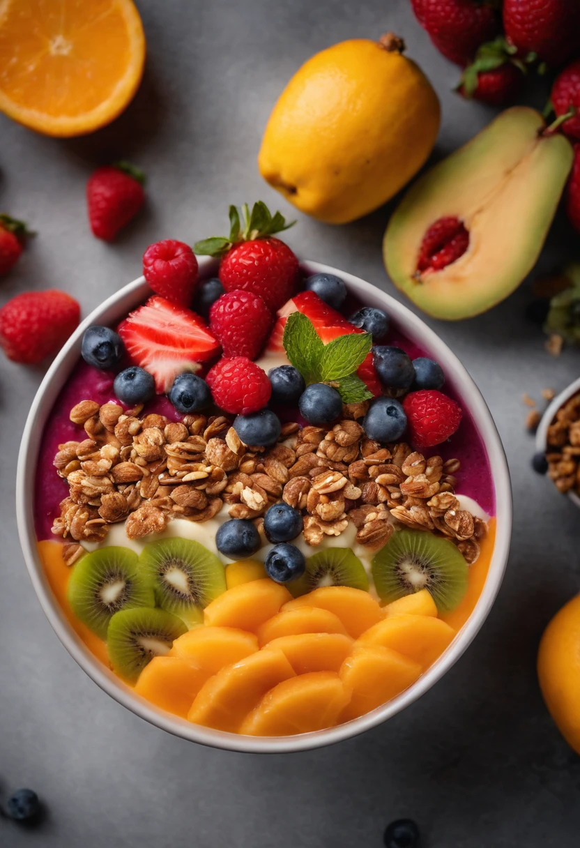 Capture a creative shot of a colorful smoothie bowl, showcasing a variety of vibrant fruits, granola, and toppings in an enticing and refreshing snack option