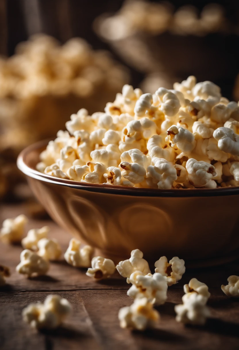 Capture a close-up shot of a bowl of popcorn, showcasing the fluffy and buttery kernels and capturing the anticipation of enjoying this classic and satisfying snack