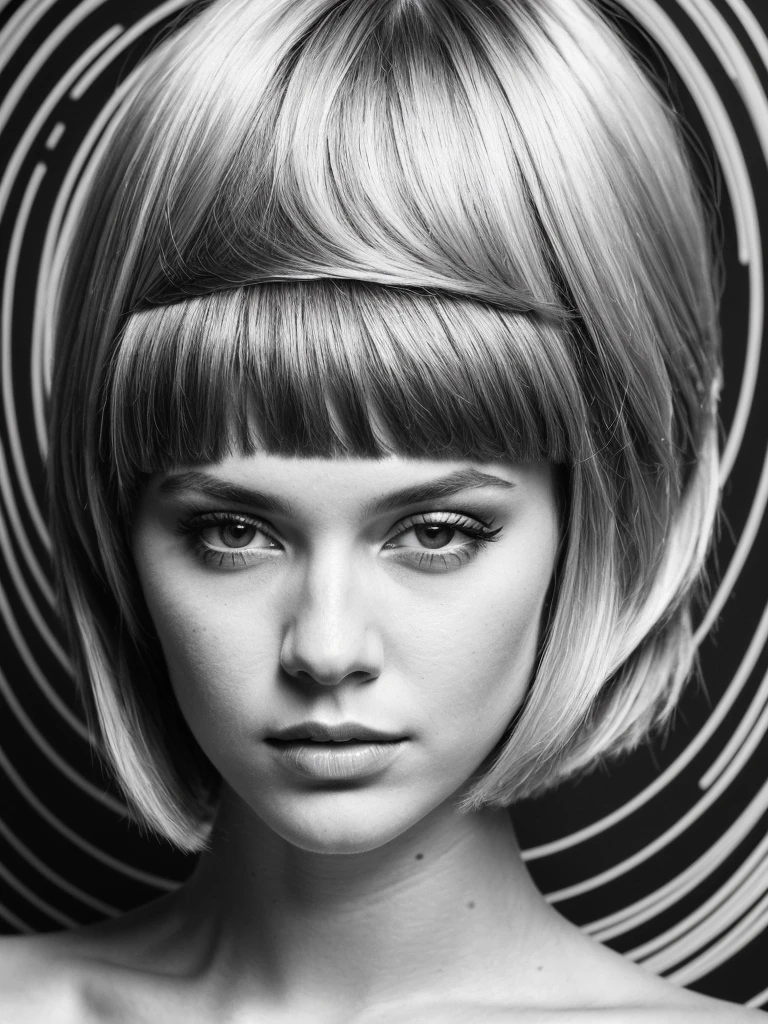 (full body shot, ultra-detailed, best quality, photorealistic:1.37, 4k, realistic, portrait, photography, blonde bob cut hairstyle, tall Fashion Model, model stance pose, optical art, black and white design, detailed facial features, optical art in the background, vibrant colours, in the style of Helmut Newton, 35mm)