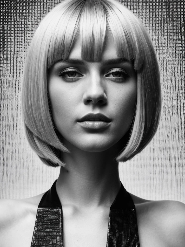 (full body shot, ultra-detailed, best quality, photorealistic:1.37, 4k, realistic, portrait, photography, blonde bob cut hairstyle, tall Fashion Model, model stance pose, optical art, black and white design, detailed facial features, optical art in the background, vibrant colours, in the style of Helmut Newton, 35mm)