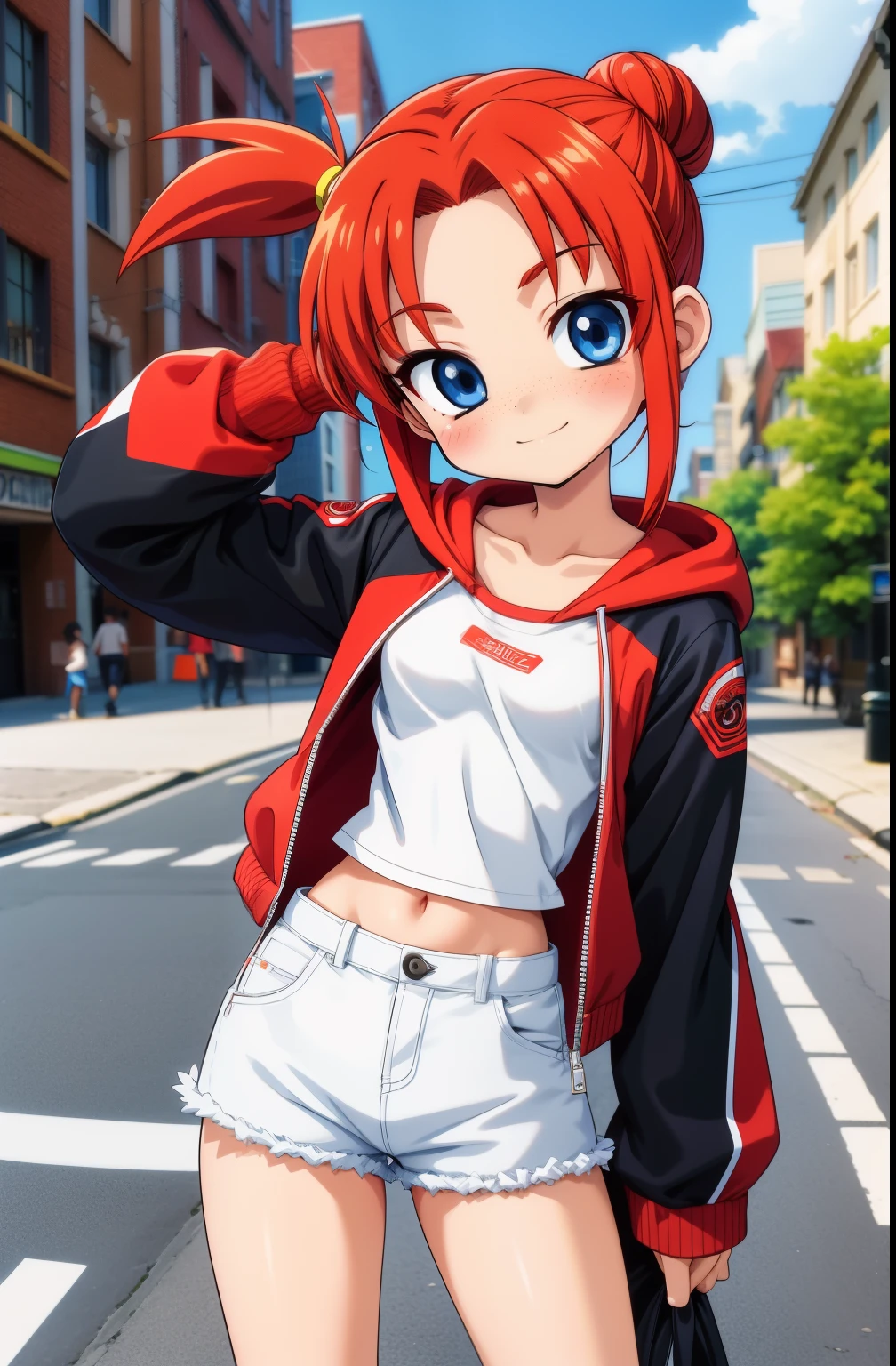 2000s anime cels style, Cartoon style of the 2000s, (flat color:1.2), vivid colors, retro anime, 2000s anime, 2000s anime, early 2000's inspired anime, early 2000's esthetics, Mature redhead with freckles, hair done up in a messy bun, detailed eyes, cheerful face, red jacket hoodie, white shirt, dark shorts, casual oufit, medium breasts, legs apart, middle of the street,