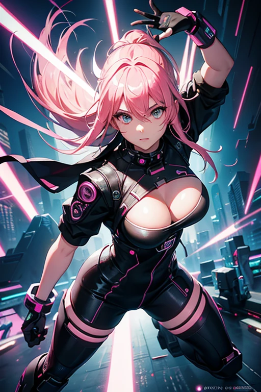 Cyberpunk, Pink hair, Futuristic, Surreal, ultra-wide, wide-angle lens, Looking Up, Dynamic movement, Expressive, Vibrant, The Edge of Sacred Cinema, Laser hologram