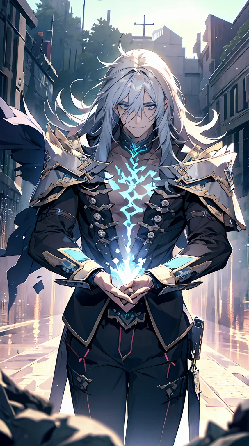 1 Young Man、ssmile、Solo, gray long hair、verd s eyes、beautidful eyes、Serious、Best Quality、８Ｋ、blue flames、In the ruins