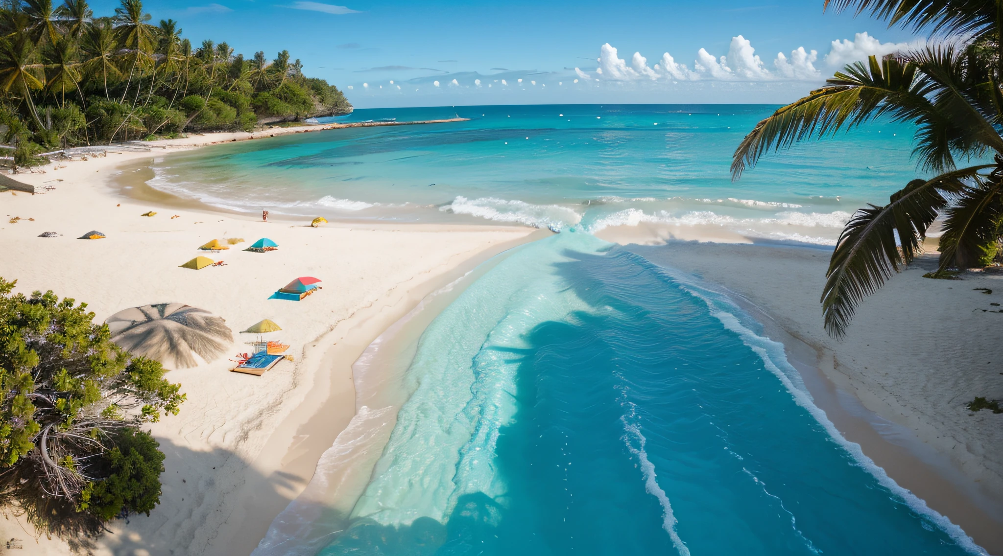 4k resolution, estilo de pintura de campo colorido. | A tropical beach unfolds before you, where colors are vibrant and bold. The sea is a deep turquoise color, and the palm trees sway in the wind under the blue sky. | The composition uses expressive brushstrokes and intense colors to create a lush and vivid landscape.. The wide perspective highlights the immensity of the sea and the beach. | A vivid and joyful representation of a tropical beach, inviting you to relax under the warm sun.