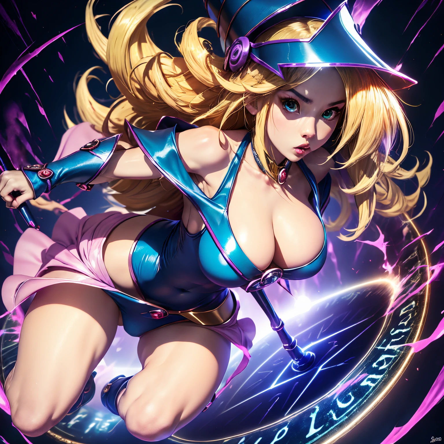 ultra-detailed, extremely detailed, masterpiece, highest quality, best quality, absurdres, highres, dark magician girl, (1girl:1.2), solo, detailed face, dynamic pose, hair flow, (full body:1.1),  blonde hair, long hair, looking at viewer, green eyes, skindentation, detailed skin, skin pores, (shiny skin, glossy skin:1.1), rosy skin details, breasts, nail polish, skirt, blue footwear, blue headwear, wizard hat, wand, holding hat, (blue panties:0.9), (summoning circle:1.1), hexagram, pentacle, pentagram, yu-gi-oh!, duel monster, purple magic field, glow, detailed background, intricate background,