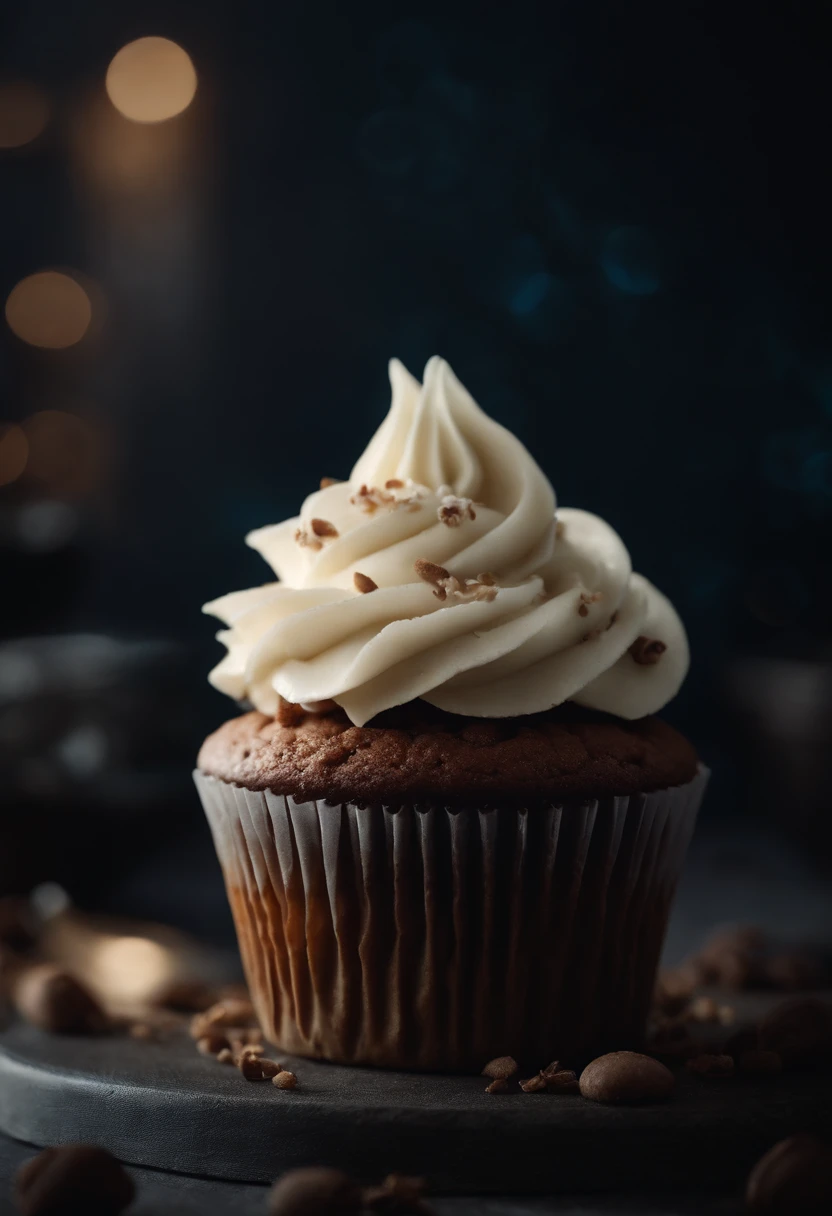 Capture a detail shot of a perfectly frosted cupcake, showcasing the intricate piping work and decorative elements that make it a visually appealing and sweet snack