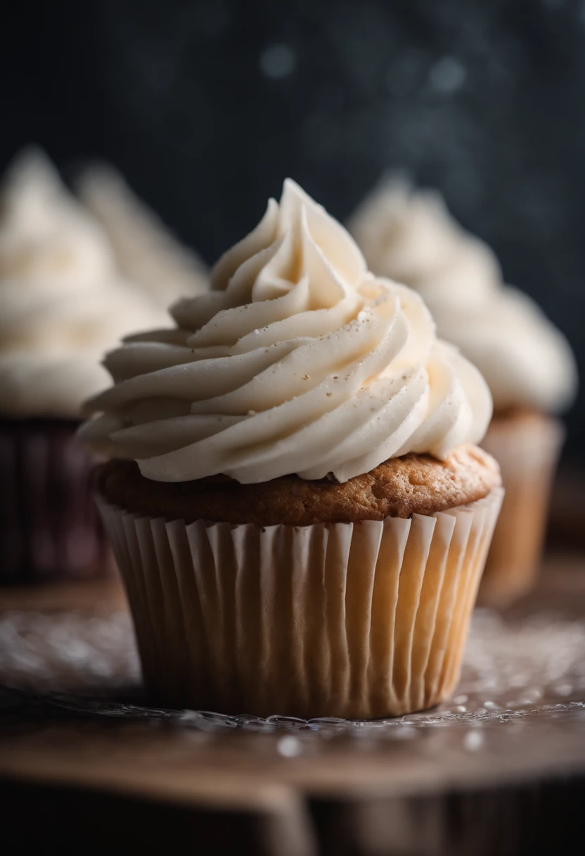 Capture a detail shot of a perfectly frosted cupcake, showcasing the intricate piping work and decorative elements that make it a visually appealing and sweet snack