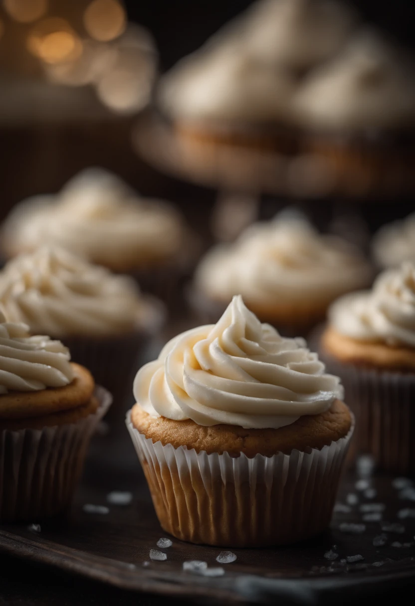 Capture a detail shot of a perfectly frosted cupcake, showcasing the intricate piping work and decorative elements that make it a visually appealing and sweet snack