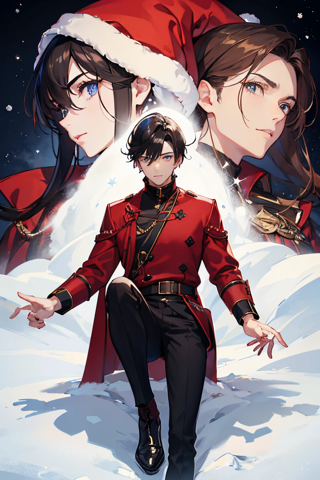 male people A dark-haired blue eyess Red coat Sweaters Black slacks long boots Christmas cake and tea masterpiece Top image quality denoise Clear cinematic shadow Increased attractiveness of the eyes Clear the shine of the eyes Draw eyelashes neatly Perfect Eye A detailed eye Sharpen image quality Sharpen eye writing Clear eye shape