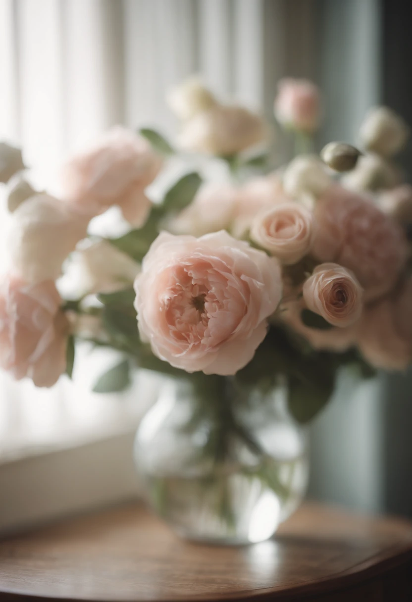 Capture a detail shot of a softly blurred floral arrangement, showcasing the delicate shapes and pastel tones that create a soft and romantic background