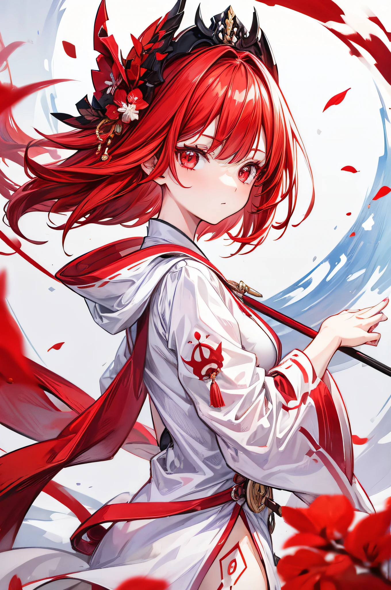 1girl in, Short red hair, Red Eyes, Wearing a white kimono, absurderes, hight resolution, ultrasharp, 8K, masutepiece, Looking at Viewer,From Side,